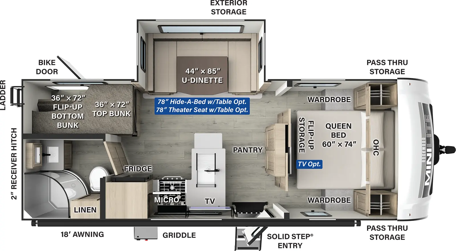 The Rockwood Mini Lite 2520BH has one entry and one slide out. Exterior features include: fiberglass exterior and 18' awning. Interiors features include: bunk beds, u-dinette and front bedroom.